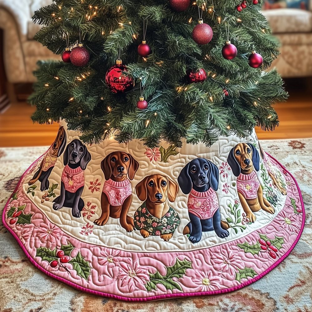Pink Sweater Dachshund Christmas Tree Skirt With Pink Border — Cute Quilted Holiday Tree Skirt, Customizable & Perfect Pet-Lover Gift