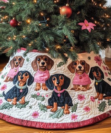 Pink Poinsettia Dachshund Christmas Tree Skirt — Feminine Quilted Dog-Themed Tree Skirt, Custom Holiday Décor & Gift For Pet Lovers