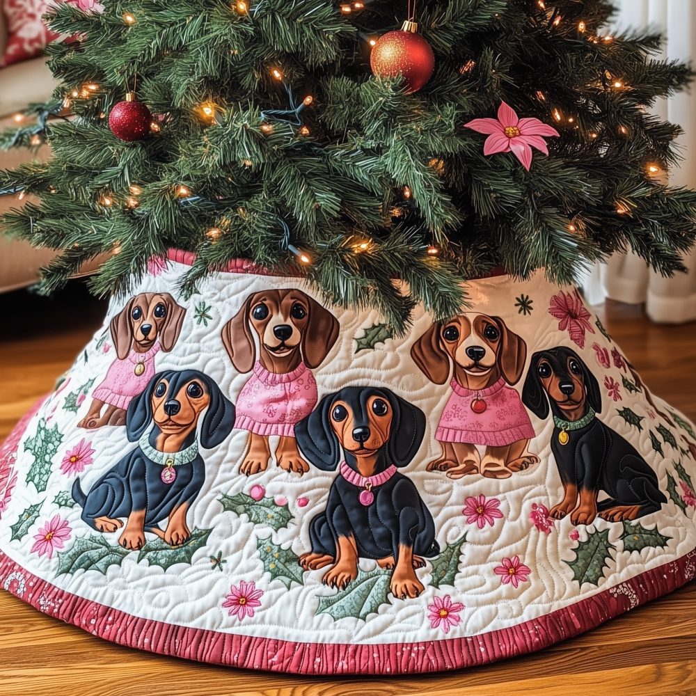 Pink Poinsettia Dachshund Christmas Tree Skirt — Feminine Quilted Dog-Themed Tree Skirt, Custom Holiday Décor & Gift For Pet Lovers