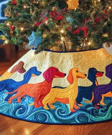 Rainbow Dachshund Blue Waves Christmas Tree Skirt — Colorful Quilted Dog Lover Tree Skirt, Custom Handmade Holiday Décor & Gift