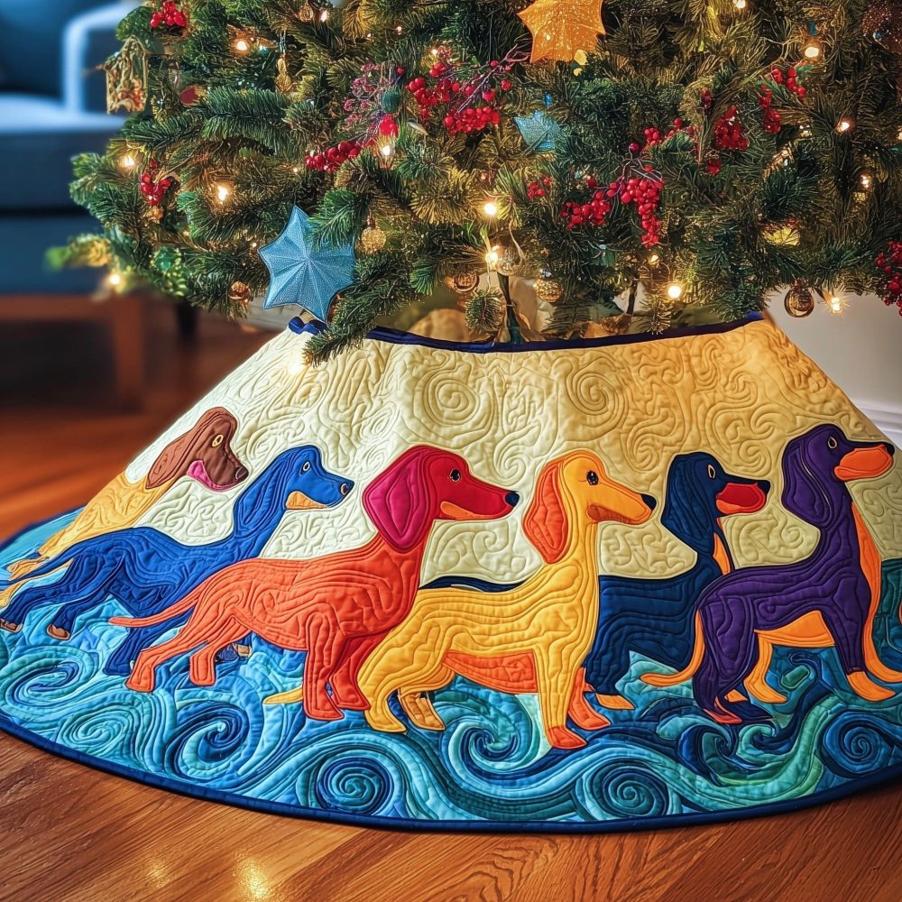 Rainbow Dachshund Blue Waves Christmas Tree Skirt — Colorful Quilted Dog Lover Tree Skirt, Custom Handmade Holiday Décor & Gift