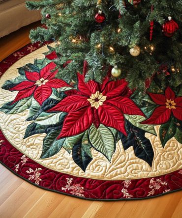 Red Border Poinsettia Christmas Tree Skirt - Custom Festive Red-Trim Holiday Skirt, Traditional Floral Seasonal Decor, Handmade