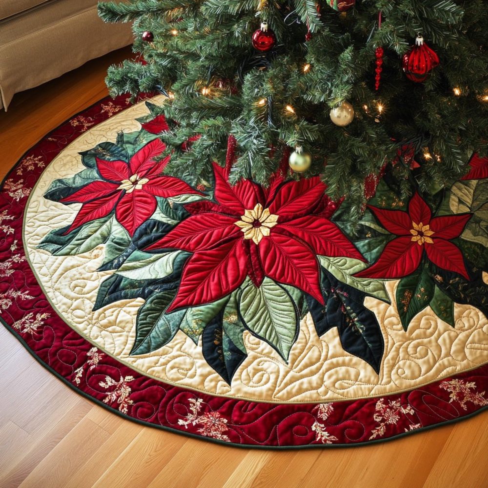 Red Border Poinsettia Christmas Tree Skirt - Custom Festive Red-Trim Holiday Skirt, Traditional Floral Seasonal Decor, Handmade