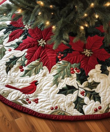 Cardinal Poinsettia Christmas Tree Skirt — Classic Cardinal & Poinsettia Holiday Skirt, Handmade, Elegant Red-Green Design, Made-To-Order