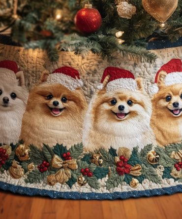 Festive Pomeranian Christmas Tree Skirt With Santa Hats & Ornaments — Custom Made Holiday Décor For Dog Lovers