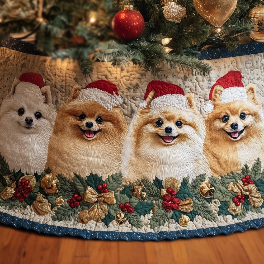Festive Pomeranian Christmas Tree Skirt With Santa Hats & Ornaments — Custom Made Holiday Décor For Dog Lovers