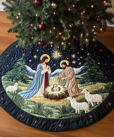 Starry Night Nativity Tree Skirt With Sheep — Handcrafted Made-To-Order Christmas Decor For Cozy, Faithful Homes