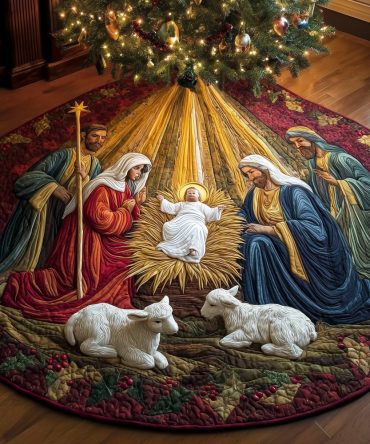 Nativity With Shepherds And Lambs Christmas Tree Skirt - Custom-Made Faith-Based Holiday Tree Collar For Home Or Church