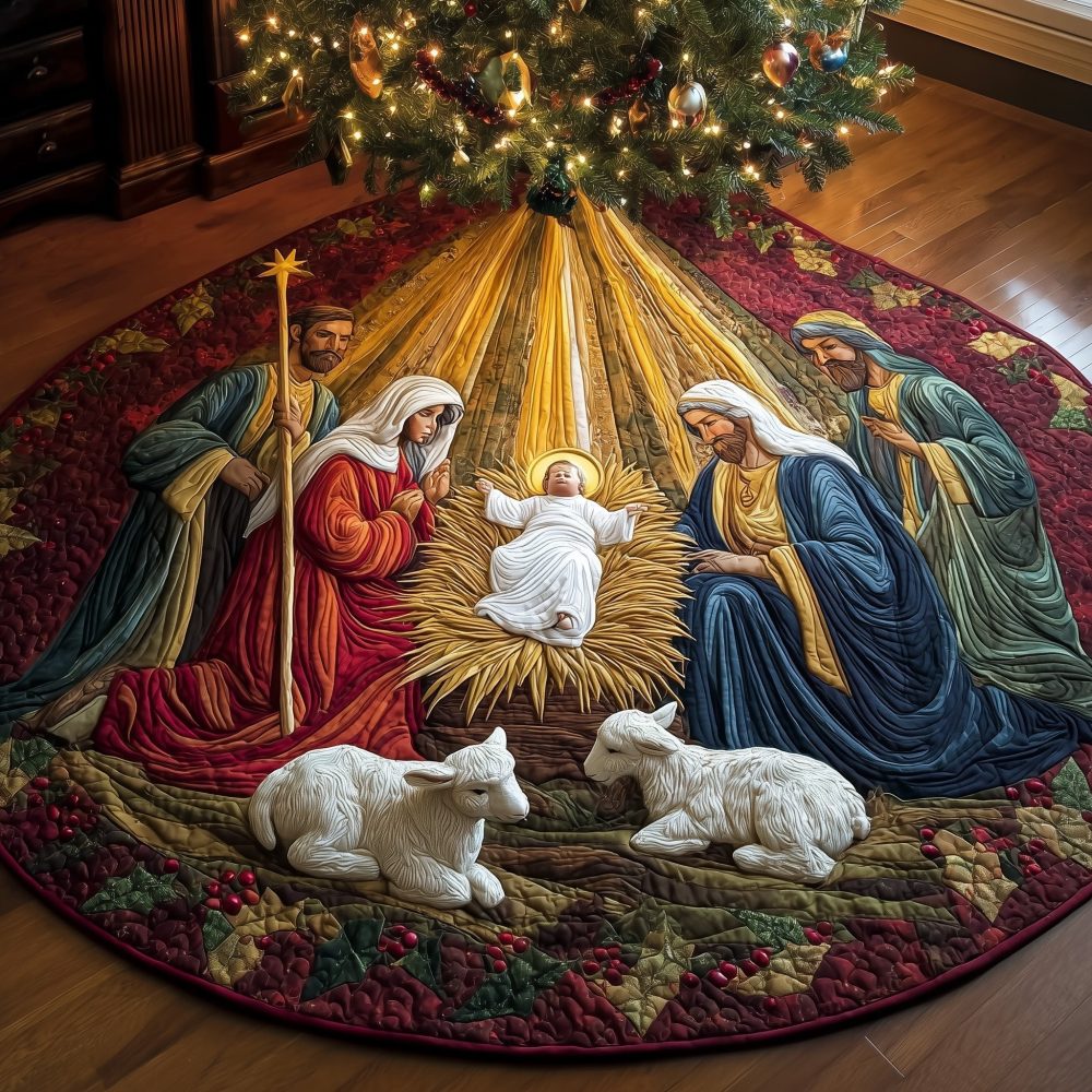 Nativity With Shepherds And Lambs Christmas Tree Skirt - Custom-Made Faith-Based Holiday Tree Collar For Home Or Church