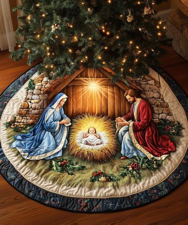 Glowing Nativity Stable Christmas Tree Skirt - Custom-Made Religious Holiday Tree Collar With Warm Nativity Scene