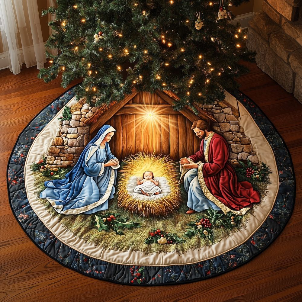 Glowing Nativity Stable Christmas Tree Skirt - Custom-Made Religious Holiday Tree Collar With Warm Nativity Scene
