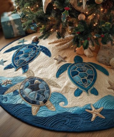Ocean Turtle Christmas Tree Skirt — Coastal Holiday Tree Skirt With Turtle Motif, Handmade Nautical Décor, Custom Sizes, Made-To-Order