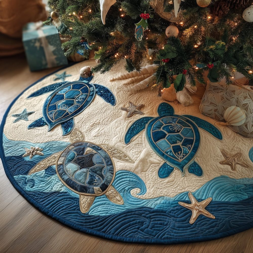 Ocean Turtle Christmas Tree Skirt — Coastal Holiday Tree Skirt With Turtle Motif, Handmade Nautical Décor, Custom Sizes, Made-To-Order
