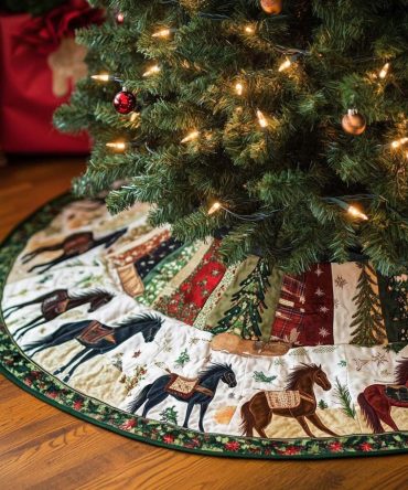 Running Horses Patch-Hem Christmas Tree Skirt — Custom-Made Equestrian Holiday Skirt With Galloping Horse Design And Rustic Charm