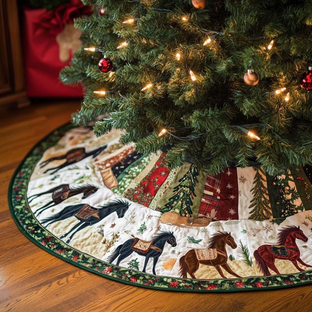 Running Horses Patch-Hem Christmas Tree Skirt — Custom-Made Equestrian Holiday Skirt With Galloping Horse Design And Rustic Charm