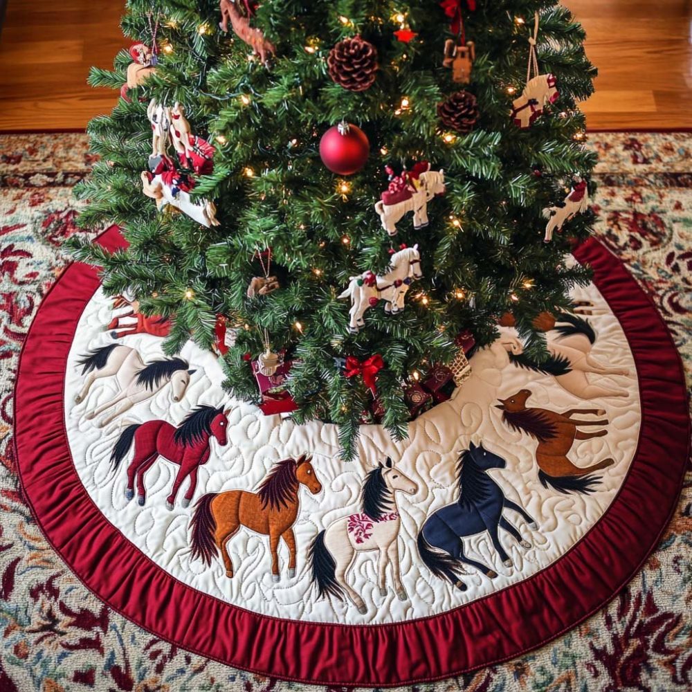 Crimson Ring Horse Herd Christmas Tree Skirt — Custom-Made Equestrian Holiday Skirt With Running Horses, Bold Red Accent