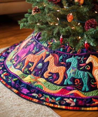 Galloping Joy Equestrian Christmas Tree Skirt — Horse-Themed Holiday Skirt, Handmade Durable Fabric, Personalized, Made-To-Order