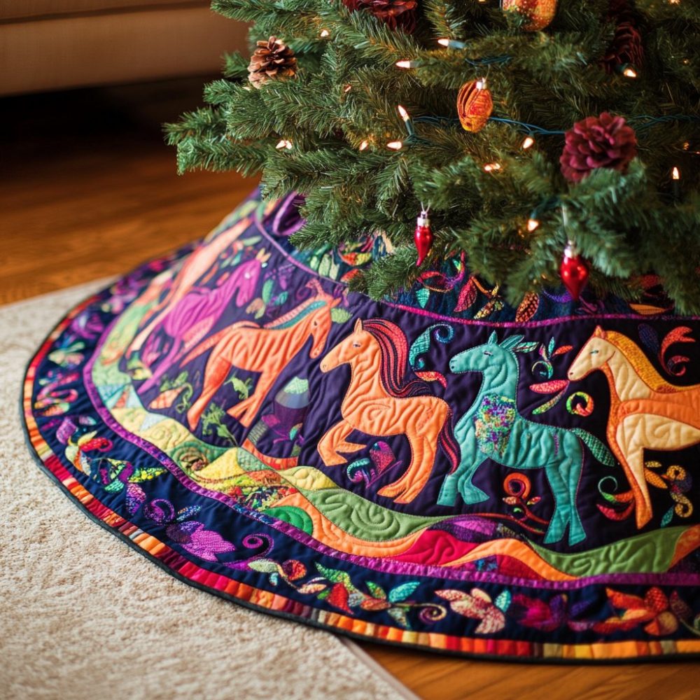 Galloping Joy Equestrian Christmas Tree Skirt — Horse-Themed Holiday Skirt, Handmade Durable Fabric, Personalized, Made-To-Order