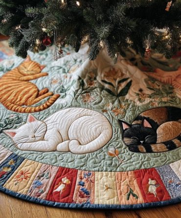 Garden Nap Cats Holiday Tree Skirt — Cozy Cat-Themed Christmas Skirt, Personalized Options, Soft Washable Fabric, Custom Sizes