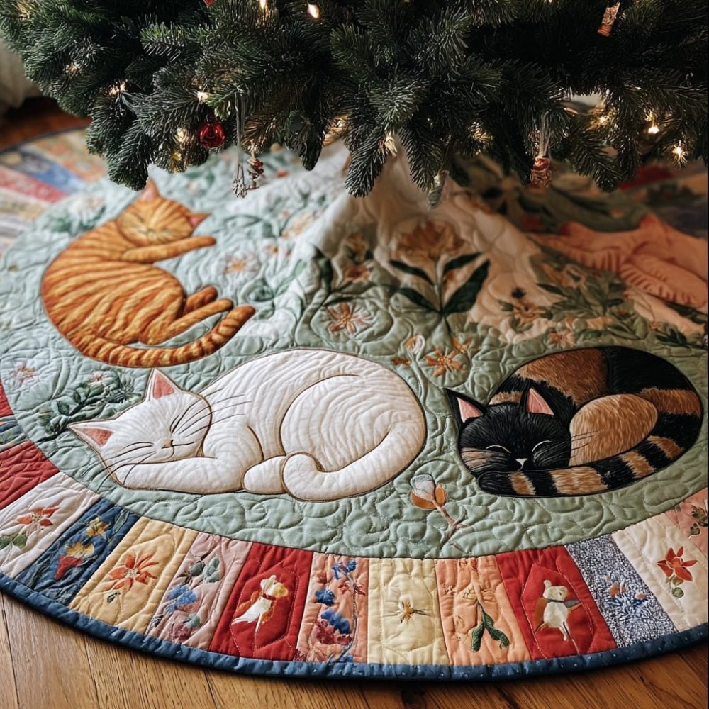 Garden Nap Cats Holiday Tree Skirt — Cozy Cat-Themed Christmas Skirt, Personalized Options, Soft Washable Fabric, Custom Sizes