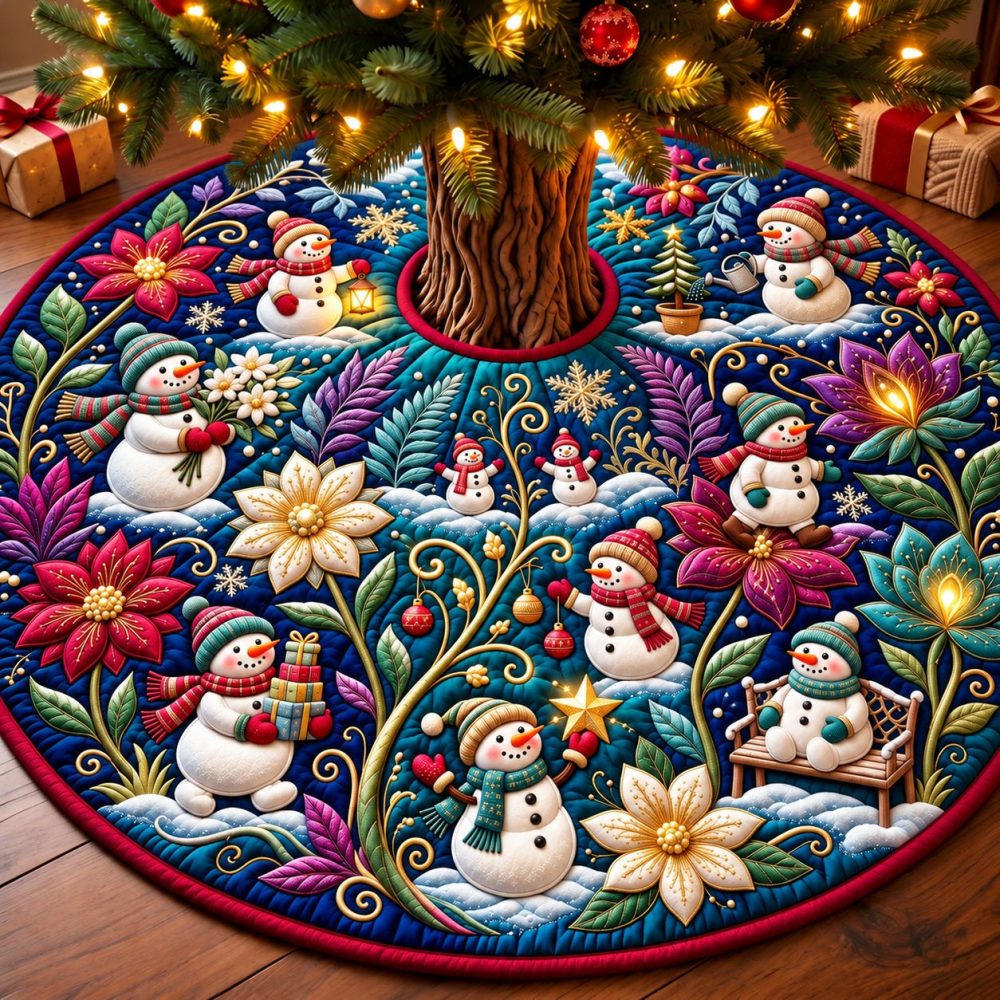 Garden Of Light Illuminated Floral Christmas Tree Skirt — Elegant Botanical Holiday Mat, Luminous Design, Custom Sizes & Premium Fabric Options