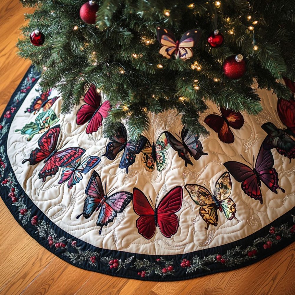 Garden Of Flight Holiday Tree Skirt — Custom Bird & Butterfly Christmas Skirt, Made To Order, Durable Washable Fabric