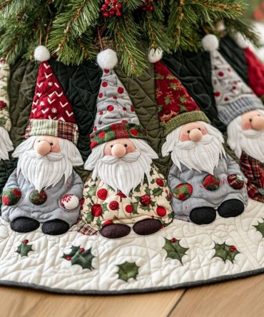 Festive Gnomes Holiday Tree Skirt — Handcrafted Gnome Christmas Skirt, Personalized Options, Durable Washable Fabric
