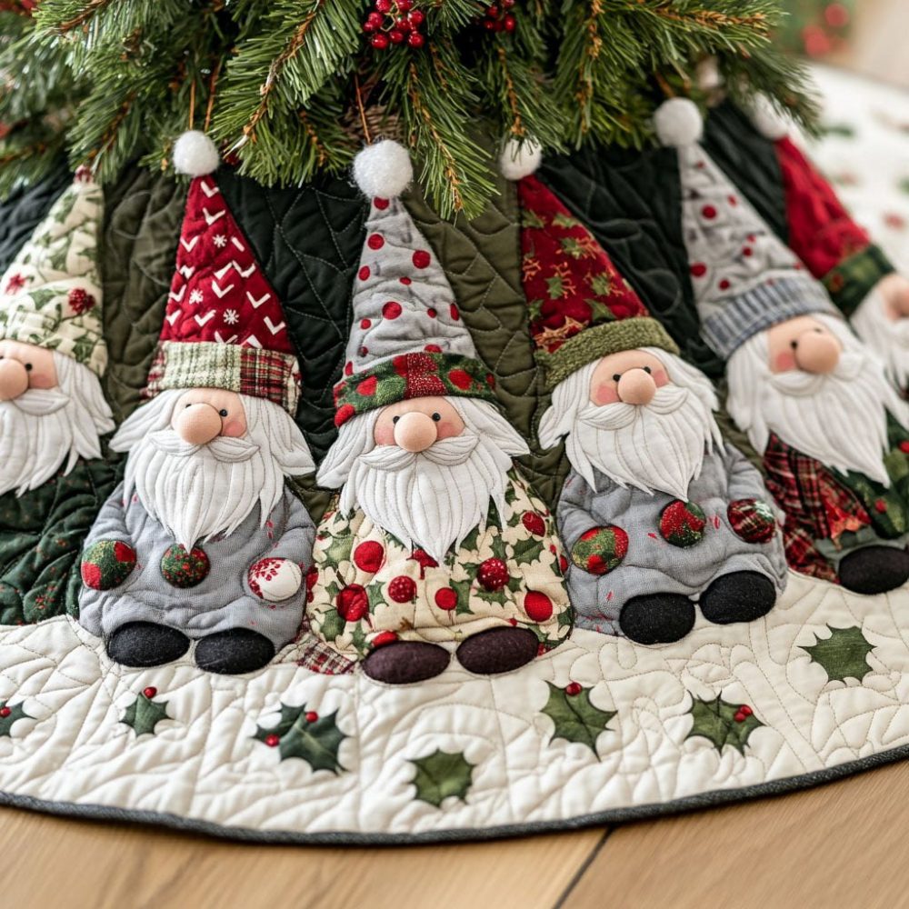 Festive Gnomes Holiday Tree Skirt — Handcrafted Gnome Christmas Skirt, Personalized Options, Durable Washable Fabric