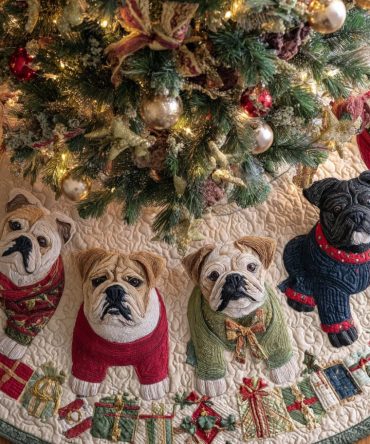 Classic Gentle Bulldog Holiday Tree Skirt — Personalized Bulldog Christmas Skirt, Durable Fabric, Customizable Trim & Name