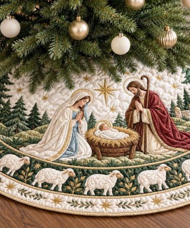 Gentle Nativity Tree Skirt — Soft Pastel Nativity Scene, Handmade Wool Blend, Custom Size & Delicate Embroidery, Faith-Focused Decor