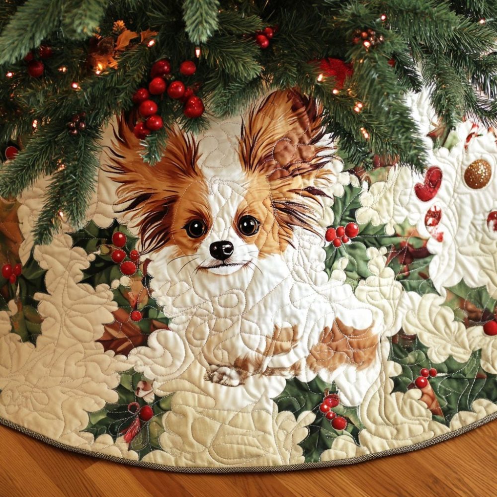 Elegant Papillon Moments Christmas Tree Skirt — Personalized Papillon Dog Holiday Skirt, Custom Sizes & Name Embroidery Options