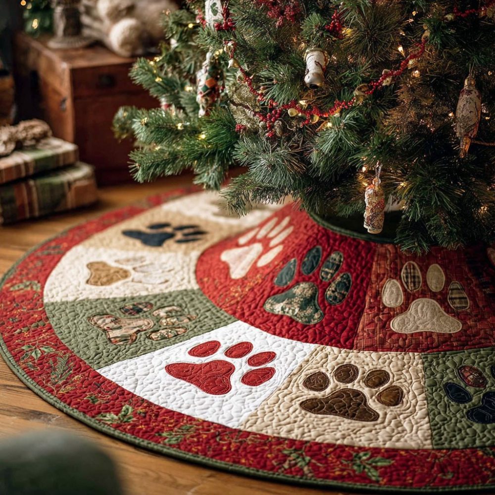 Gentle Tracks Holiday Tree Skirt — Subtle Paw-Print Design For Pet-Friendly Christmas Decor, Custom Size Available
