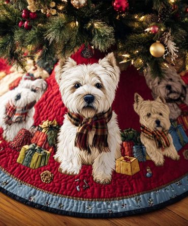 Cozy Westie Christmas Tree Skirt — Handcrafted West Highland Terrier Holiday Mat With Custom Embroidery Options