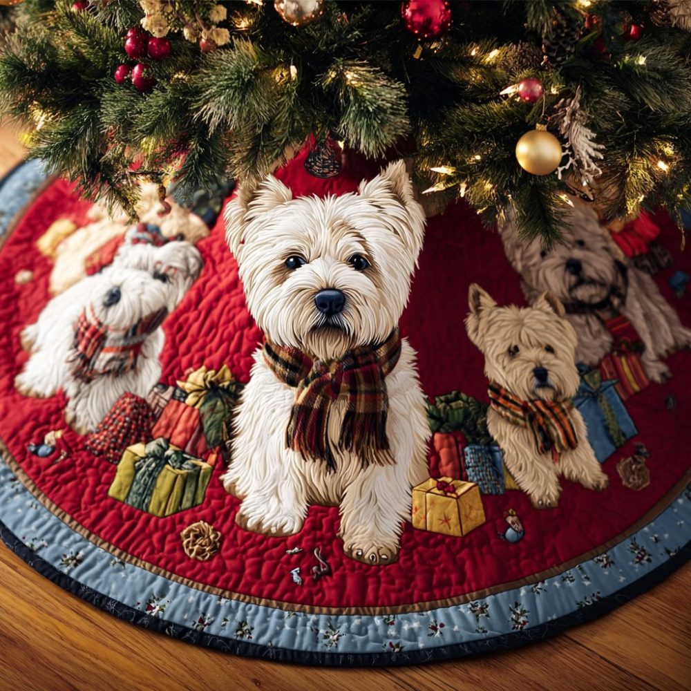 Cozy Westie Christmas Tree Skirt — Handcrafted West Highland Terrier Holiday Mat With Custom Embroidery Options