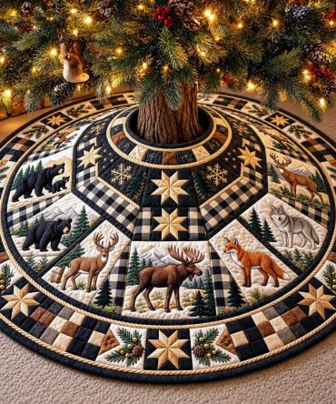 Geometric Wildlife Holiday Tree Skirt — Made-To-Order Modern Nature-Inspired Christmas Base Cover With Clean Lines