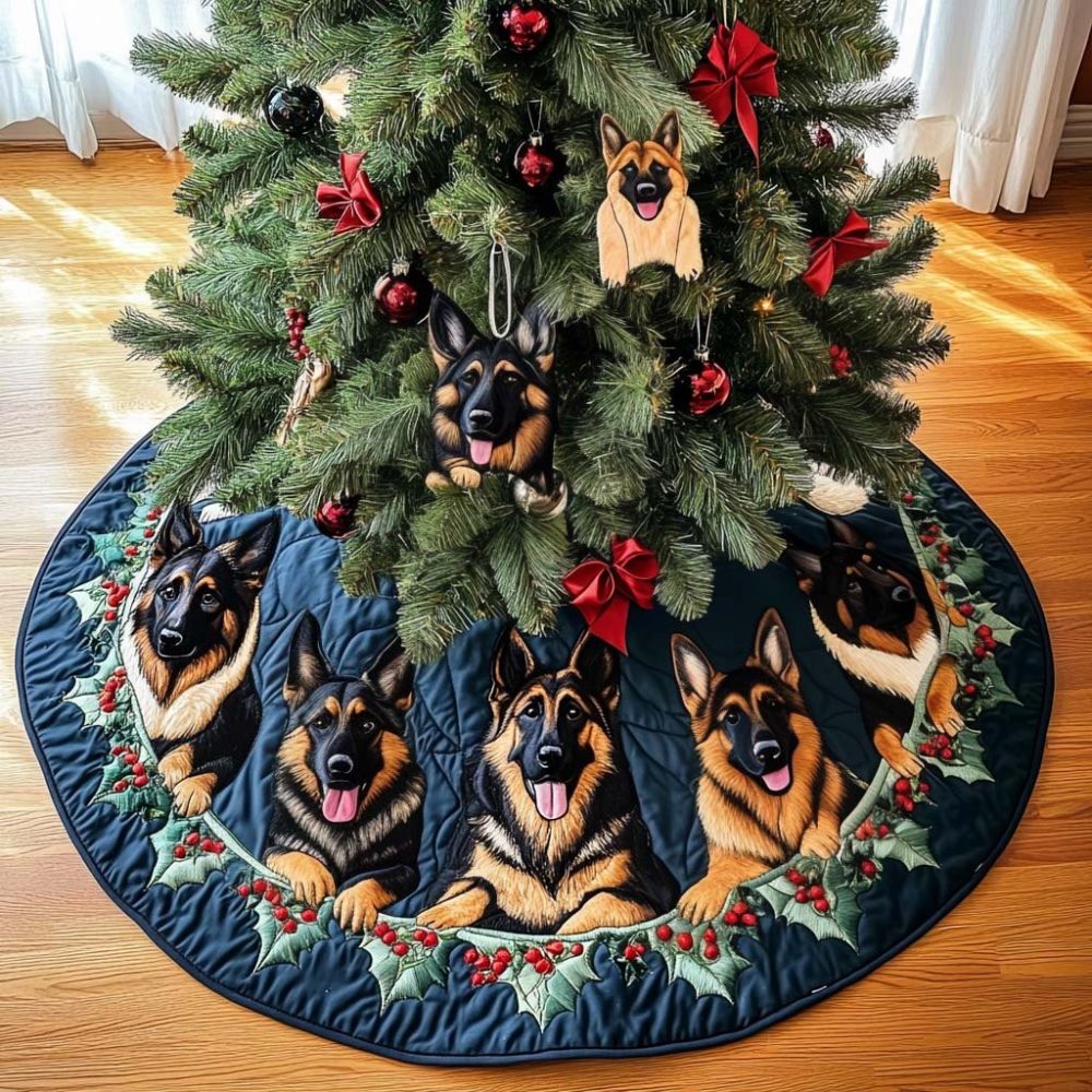 Adventure-Themed German Shepherd Tree Skirt — Rugged Holiday Decor For Active Dog Lovers, Custom Size & Name Option