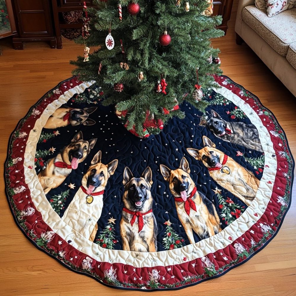 Festive German Shepherd Christmas Joy Tree Skirt — Vibrant Holiday Dog Design, Custom Size & Name Embroidery