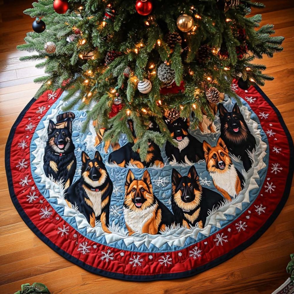 Luxury German Shepherd Elegance Tree Skirt — High-End Christmas Decor, Custom Embroidery, Multiple Sizes Available