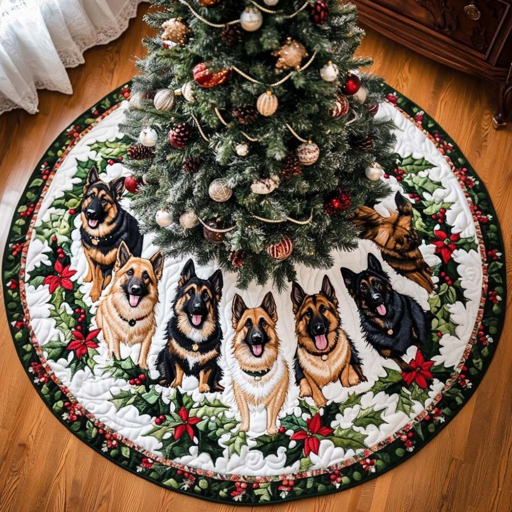 Elegant German Shepherd Harmony Tree Skirt — Custom Holiday Decor, Soft Velvet Finish, Personalized Name Option