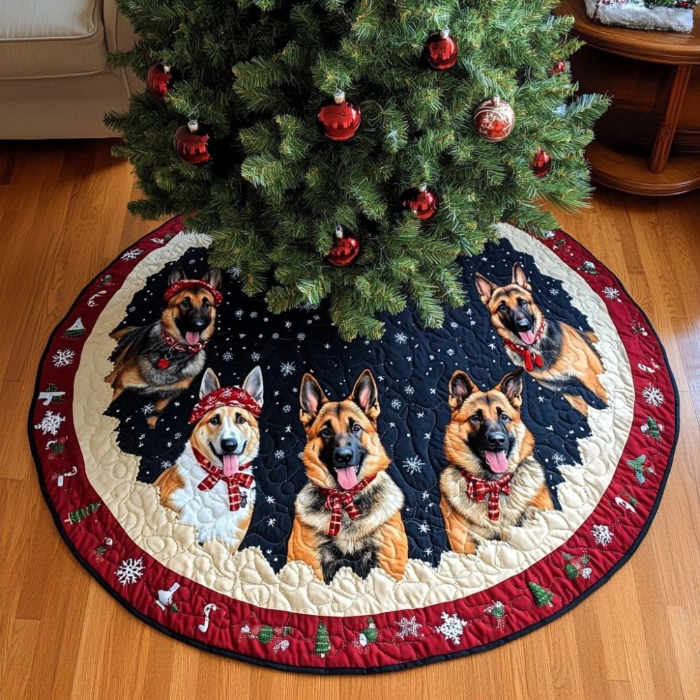 German Shepherd Noel Night Tree Skirt - Elegant Handmade Holiday Skirt With Dog Portraits, Custom Sizes & Luxe Felt Backing