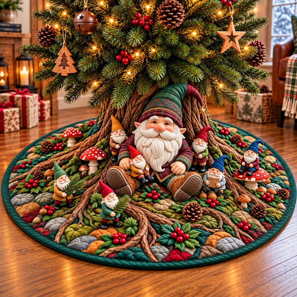 Giant Gnome Guardian Tree Skirt — Oversized Made-To-Order Gnome Holiday Skirt, Bold Festive Focal Point For Large Trees & Events