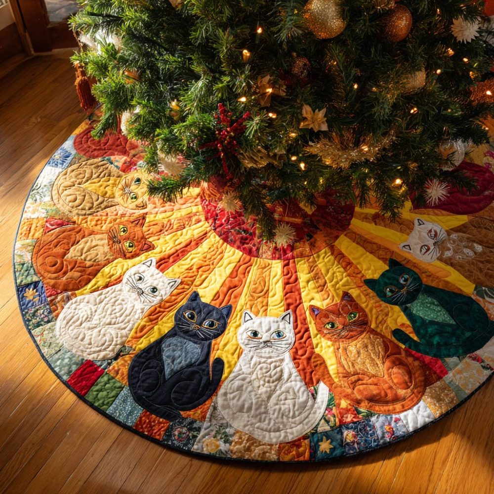 Ginger Cat Holiday Tree Skirt - Adorable Handmade Christmas Mat With Gingerbread Cat Design, Custom Fit & Soft Protective Backing