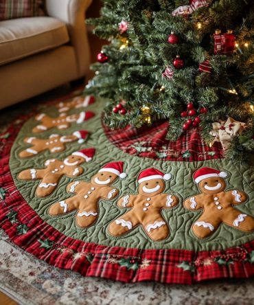 Ginger Snap Holiday Tree Skirt - Sleek Handmade Christmas Skirt With Cookie Motifs, Custom Fit Options & Gift-Ready Packaging