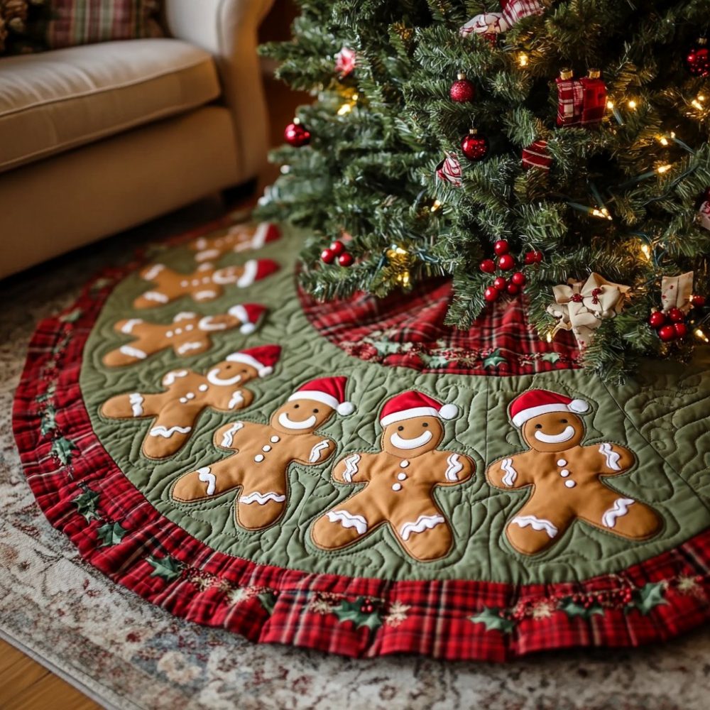 Ginger Snap Holiday Tree Skirt - Sleek Handmade Christmas Skirt With Cookie Motifs, Custom Fit Options & Gift-Ready Packaging