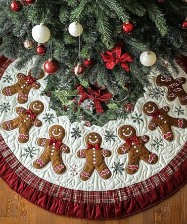 Gingerbread Men & Snowflakes Christmas Tree Skirt — Custom-Made Playful Festive Skirt With Gingerbread Motif For Cozy Holiday Charm