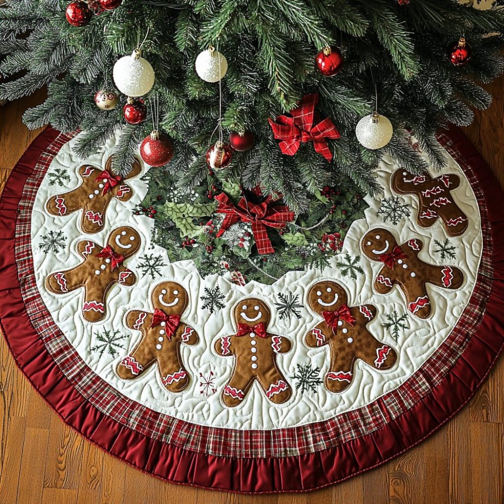 Gingerbread Men & Snowflakes Christmas Tree Skirt — Custom-Made Playful Festive Skirt With Gingerbread Motif For Cozy Holiday Charm