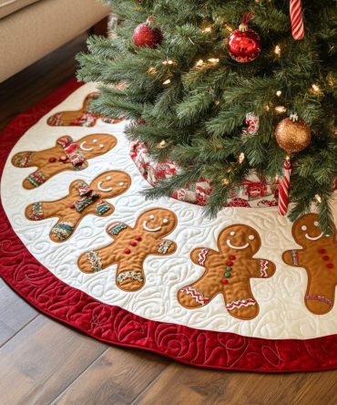Ruby Rim Gingerbread Men Christmas Tree Skirt — Custom-Made Holiday Skirt With Playful Cookie Characters, Warm Red Accent