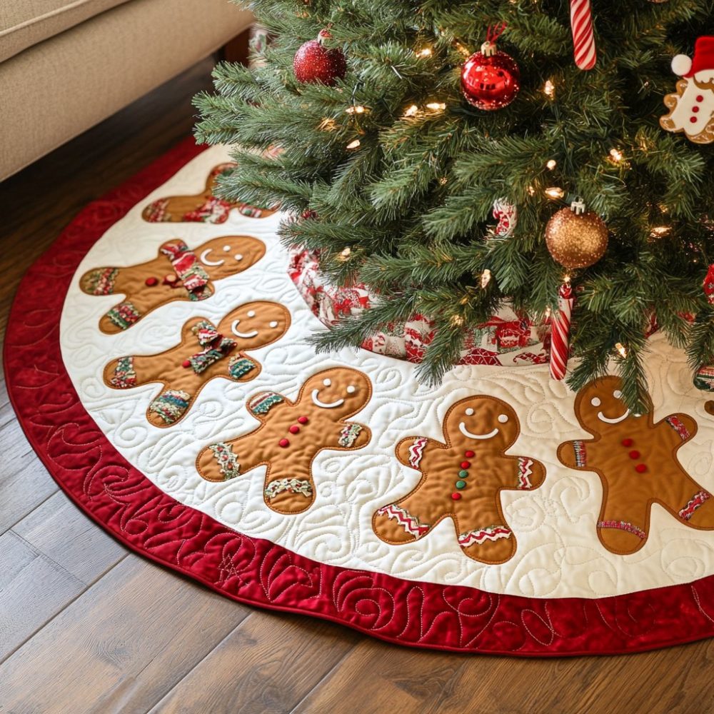 Ruby Rim Gingerbread Men Christmas Tree Skirt — Custom-Made Holiday Skirt With Playful Cookie Characters, Warm Red Accent