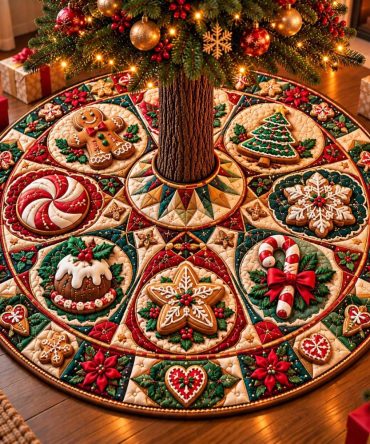 Gingerbread Cookie Medallion Christmas Tree Skirt - Handmade Sweet Holiday Base, Machine-Washable, Custom Size, Ideal Host Gift
