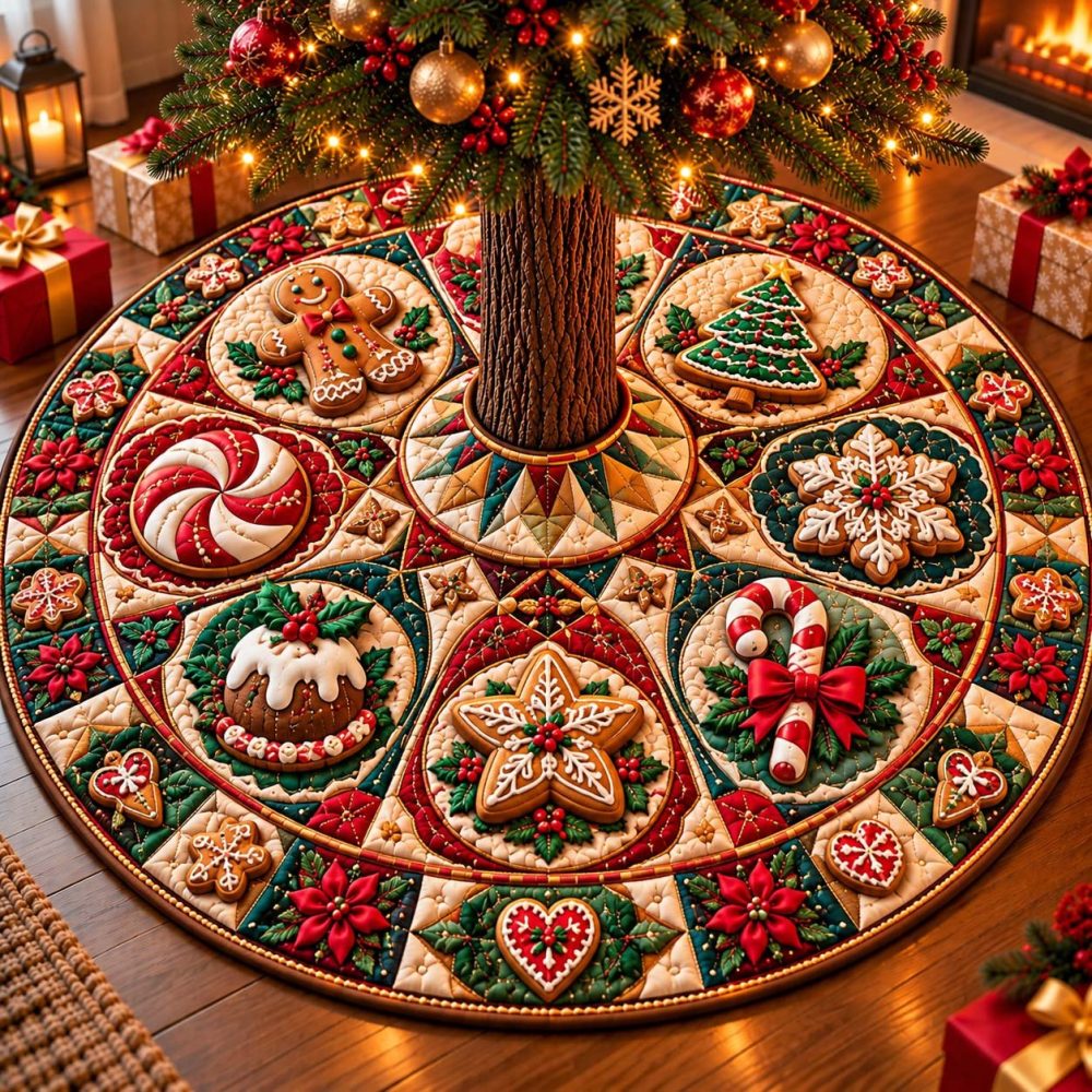 Gingerbread Cookie Medallion Christmas Tree Skirt - Handmade Sweet Holiday Base, Machine-Washable, Custom Size, Ideal Host Gift